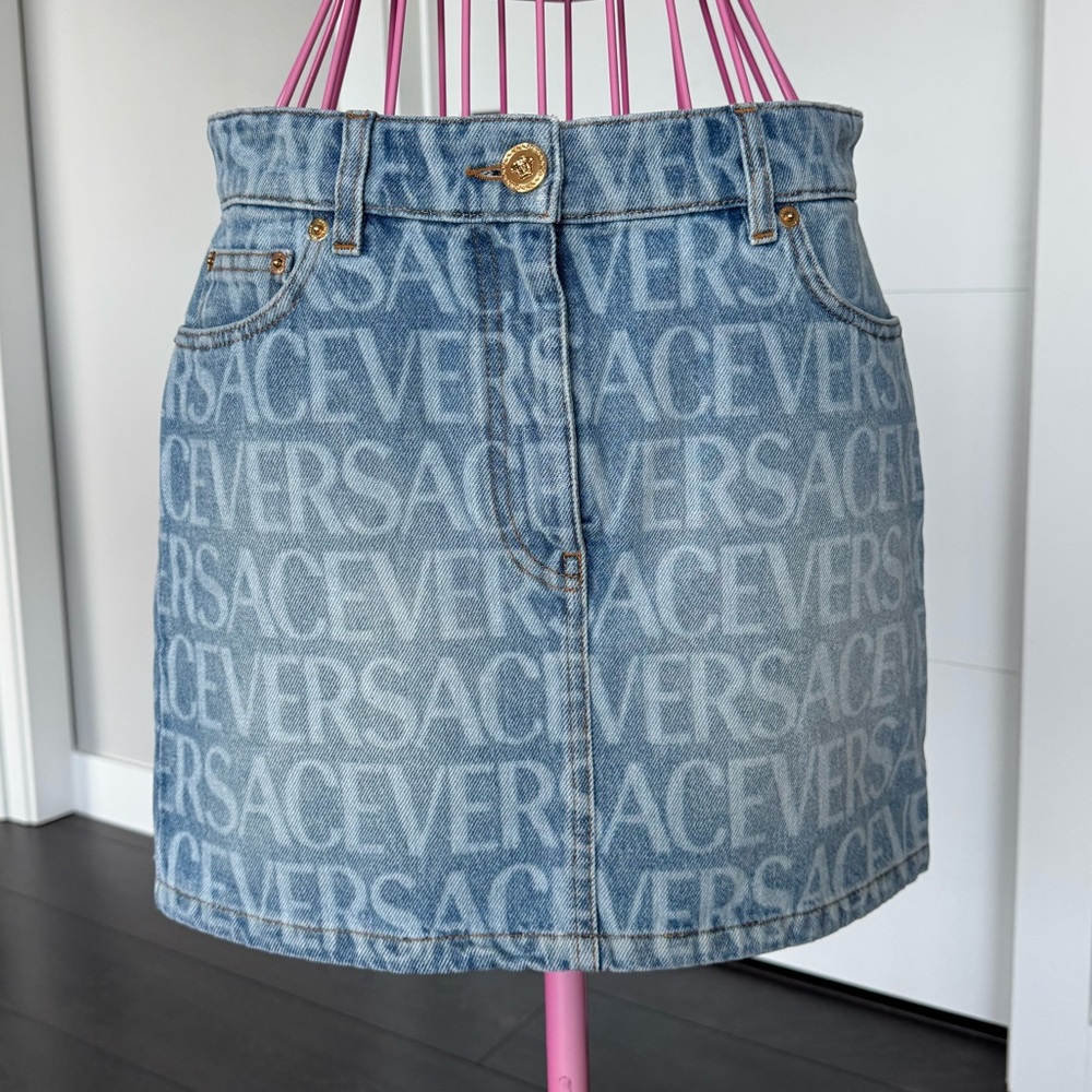 Versace Light Blue Logo Mini Skirt